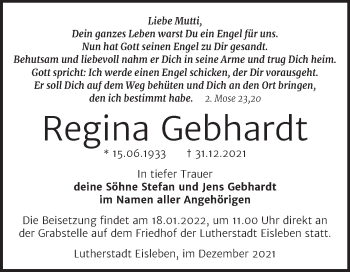 Traueranzeige von Regina Gebhardt von Trauerkombi Mansfelder Land