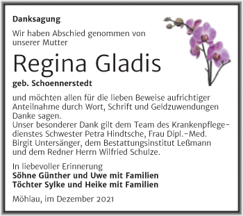 Traueranzeige von Regina Gladis von Trauerkombi Wittenberg