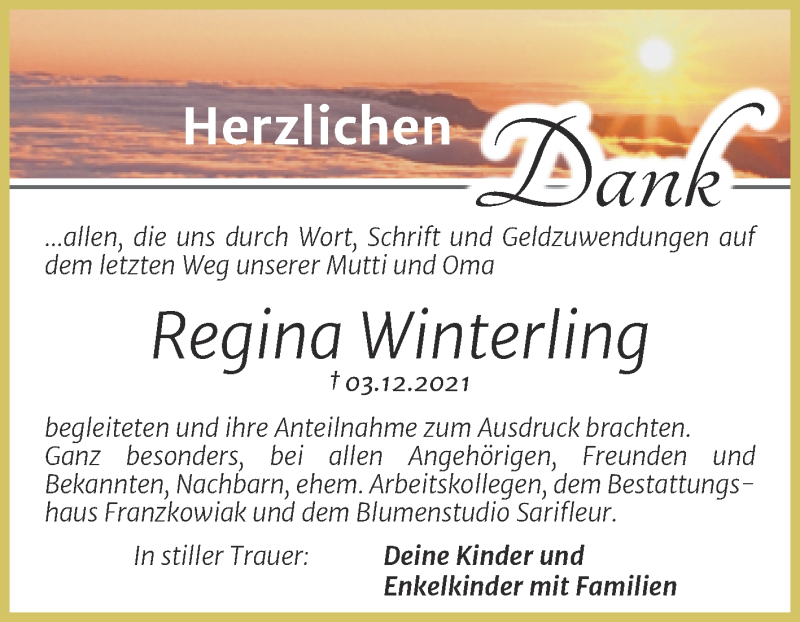  Traueranzeige für Regina Winterling vom 22.01.2022 aus Trauerkombi Bitterfeld