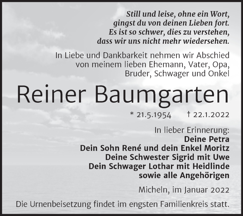  Traueranzeige für Reiner Baumgarten vom 26.01.2022 aus Trauerkombi Köthen