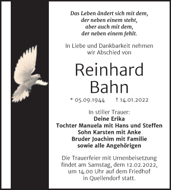 Traueranzeige von Reinhard Bahn von Trauerkombi Köthen