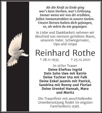 Traueranzeige von Reinhard Rothe von Trauerkombi Wittenberg