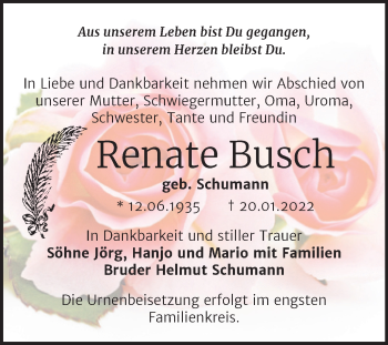Traueranzeige von Renate Busch von Trauerkombi Bernburg
