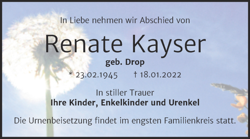  Traueranzeige für Renate Kayser vom 22.01.2022 aus Trauerkombi Bernburg