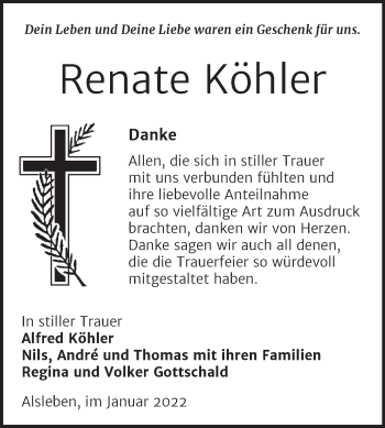 Traueranzeige von Renate Köhler von Trauerkombi Bernburg