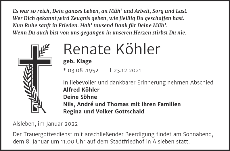  Traueranzeige für Renate Köhler vom 05.01.2022 aus Trauerkombi Bernburg