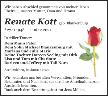 Traueranzeige von Renate Kott von Trauerkombi Aschersleben