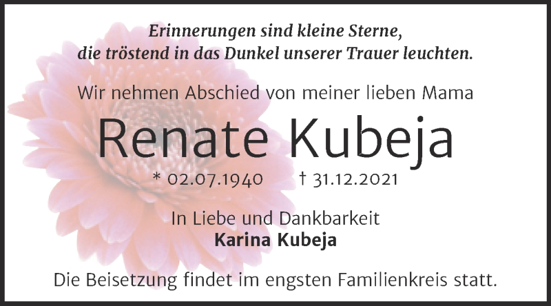  Traueranzeige für Renate Kubeja vom 15.01.2022 aus Trauerkombi Wittenberg