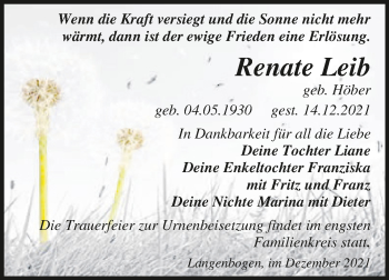Traueranzeige von Renate Leib von Trauerkombi Mansfelder Land