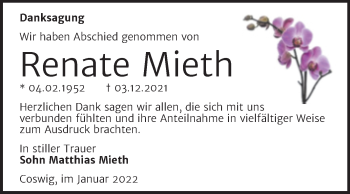Traueranzeige von Renate Mieth von Trauerkombi Wittenberg