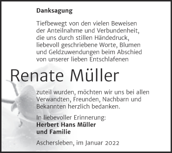 Traueranzeige von Renate Müller von Trauerkombi Aschersleben