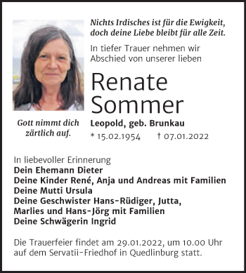 Traueranzeige von Renate Sommer von Trauerkombi Quedlinburg