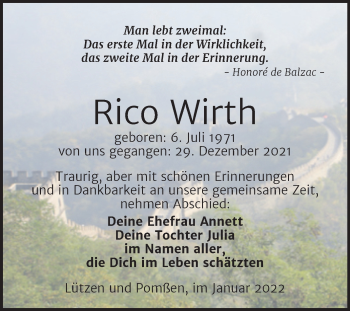 Traueranzeige von Rico Wirth von Trauerkombi Weißenfels