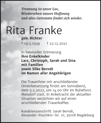 Traueranzeige von Rita Franke von Trauerkombi Quedlinburg