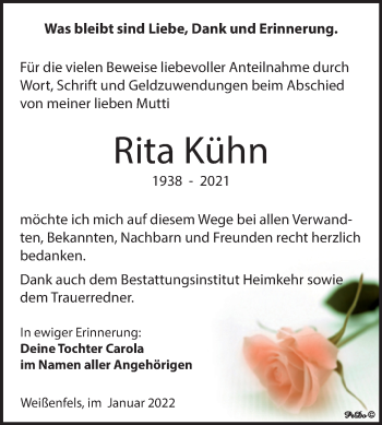 Traueranzeige von Rita Kühn von Trauerkombi Weißenfels