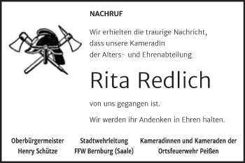 Traueranzeige von Rita Redlich von Super Sonntag Bernburg