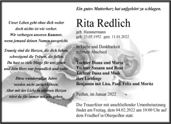 Traueranzeige von Rita Redlich von Trauerkombi Bernburg