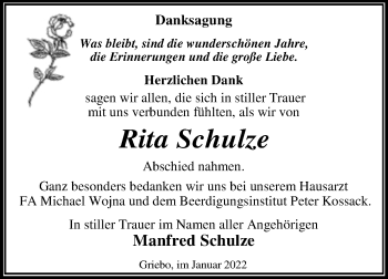 Traueranzeige von Rita Schulze von Trauerkombi Wittenberg