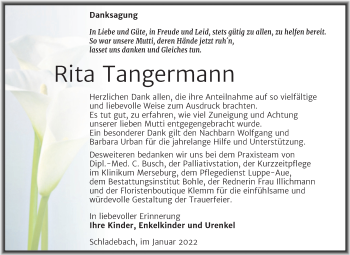 Traueranzeige von Rita Tangermann von Trauerkombi Merseburg