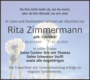Traueranzeige von Rita Zimmermann von Trauerkombi Bitterfeld