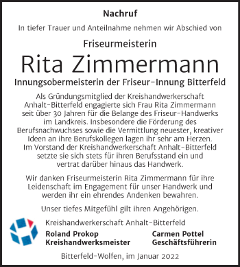 Traueranzeige von Rita Zimmermann von Mitteldeutsche Zeitung Bitterfeld