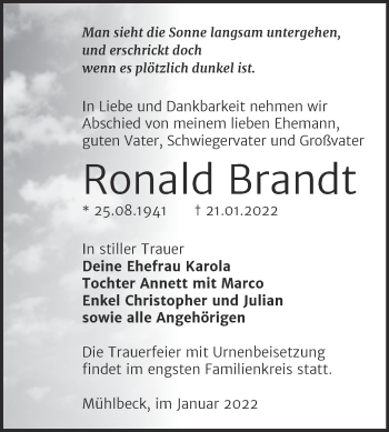 Traueranzeige von Ronald Brandt von Trauerkombi Bitterfeld