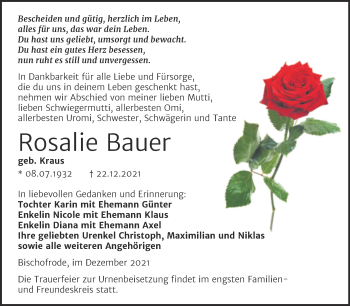 Traueranzeige von Rosalie Bauer von Trauerkombi Mansfelder Land