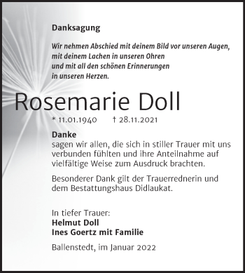 Traueranzeige von Rosemarie Doll von Trauerkombi Quedlinburg