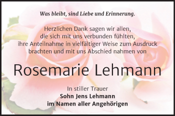 Traueranzeige von Rosemarie Lehmann von Trauerkombi Bernburg