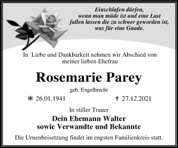 Traueranzeige von Rosemarie Parey von Trauerkombi Dessau
