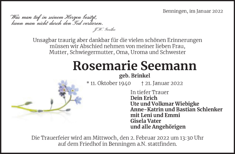  Traueranzeige für Rosemarie Seemann vom 26.01.2022 aus Mitteldeutsche Zeitung Weißenfels