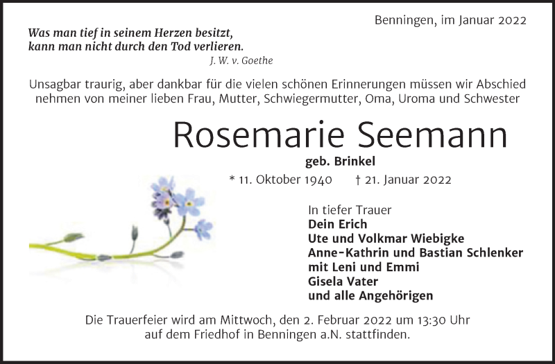  Traueranzeige für Rosemarie Seemann vom 29.01.2022 aus Super Sonntag Weißenfels