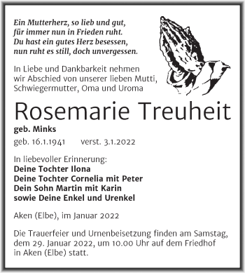Traueranzeige von Rosemarie Treuheit von Trauerkombi Köthen