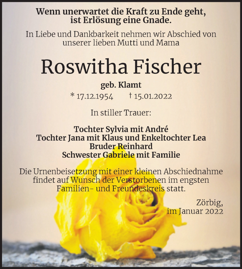  Traueranzeige für Roswitha Fischer vom 22.01.2022 aus Trauerkombi Bitterfeld
