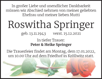 Traueranzeige von Roswitha Springer von Mitteldeutsche Zeitung Halle/Saalkreis
