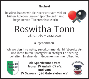Traueranzeige von Roswitha Tonn von Trauerkombi Aschersleben