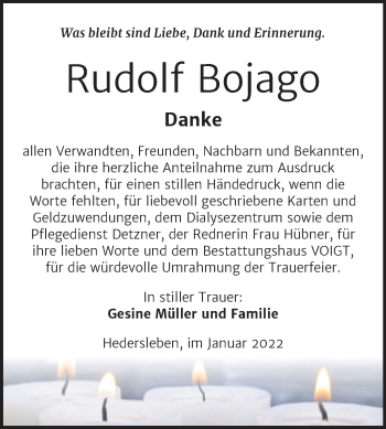 Traueranzeige von Rudolf Bojago von Trauerkombi Mansfelder Land