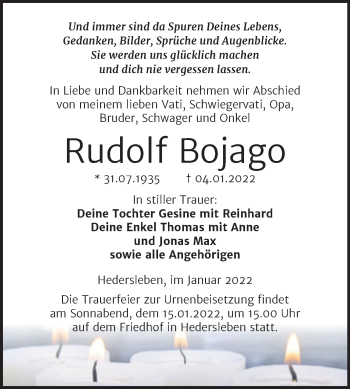Traueranzeige von Rudolf Bojago von Trauerkombi Mansfelder Land
