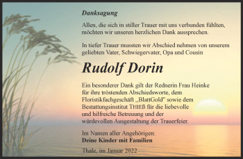 Traueranzeige von Rudolf Dorin von Trauerkombi Quedlinburg