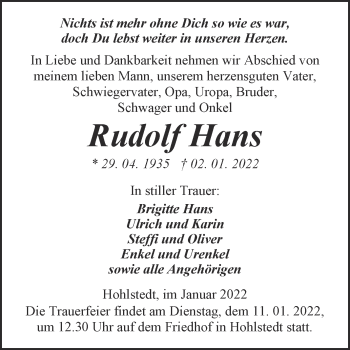 Traueranzeige von Rudolf Hans von Mitteldeutsche Zeitung Sangerhausen