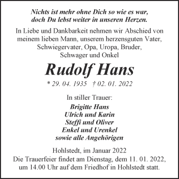 Traueranzeige von Rudolf Hans von Mitteldeutsche Zeitung Sangerhausen