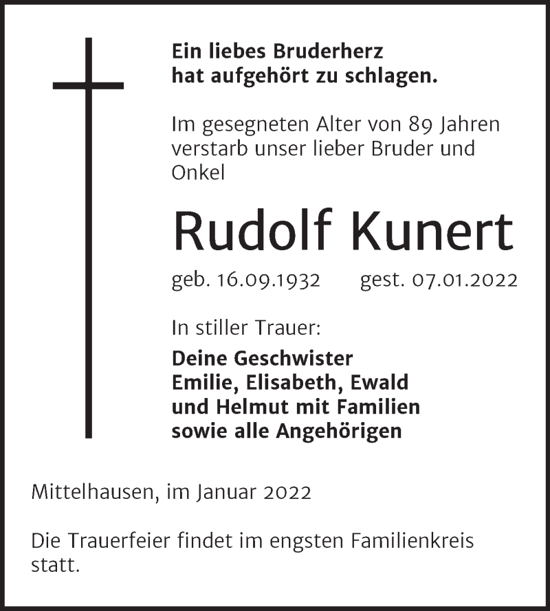  Traueranzeige für Rudolf Kunert vom 15.01.2022 aus Trauerkombi Sangerhausen