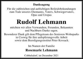Traueranzeige von Rudolf Lehmann von Trauerkombi Wittenberg