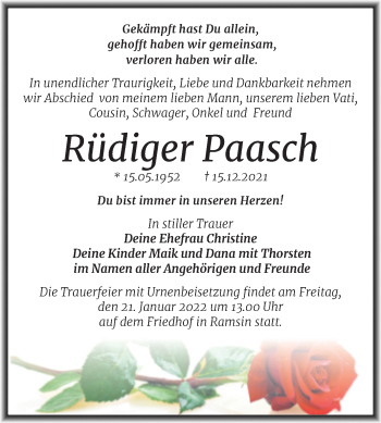 Traueranzeige von Rüdiger Paasch von Trauerkombi Bitterfeld