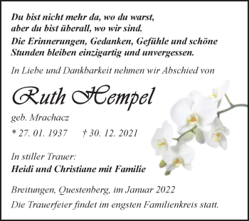 Traueranzeige von Ruth Hempel von Trauerkombi Sangerhausen