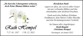 Traueranzeige von Ruth Hempel von Trauerkombi Sangerhausen
