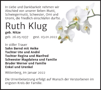 Traueranzeige von Ruth Klug von Trauerkombi Wittenberg