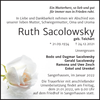 Traueranzeige von Ruth Sacolowsky von Trauerkombi Sangerhausen