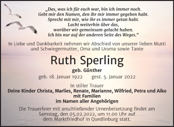 Traueranzeige von Ruth Sperling von Trauerkombi Quedlinburg