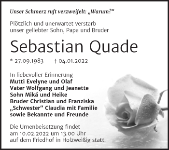 Traueranzeige von Sebastian Quade von Trauerkombi Bitterfeld